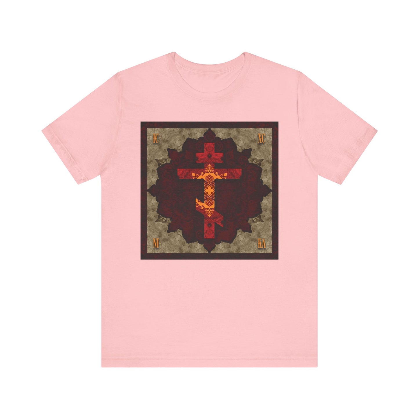 Pink ICXC NIKA Artistic Textured Red & Gold Russian Cross t-shirt—this lightweight cotton unisex tee features a square abstract cross design in warm red and gold tones, subtly honoring Christian virtues like humility and inspired by the wisdom of St. John of Shanghai and San Francisco.