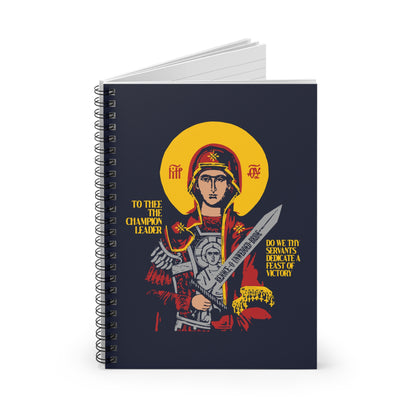 The "To Thee the Champion Leader" spiral notebook features a warrior Theotokos with sword and shield, gold halo, and text—honoring the Mother of God as Champion Leader in IconoGraphic style.