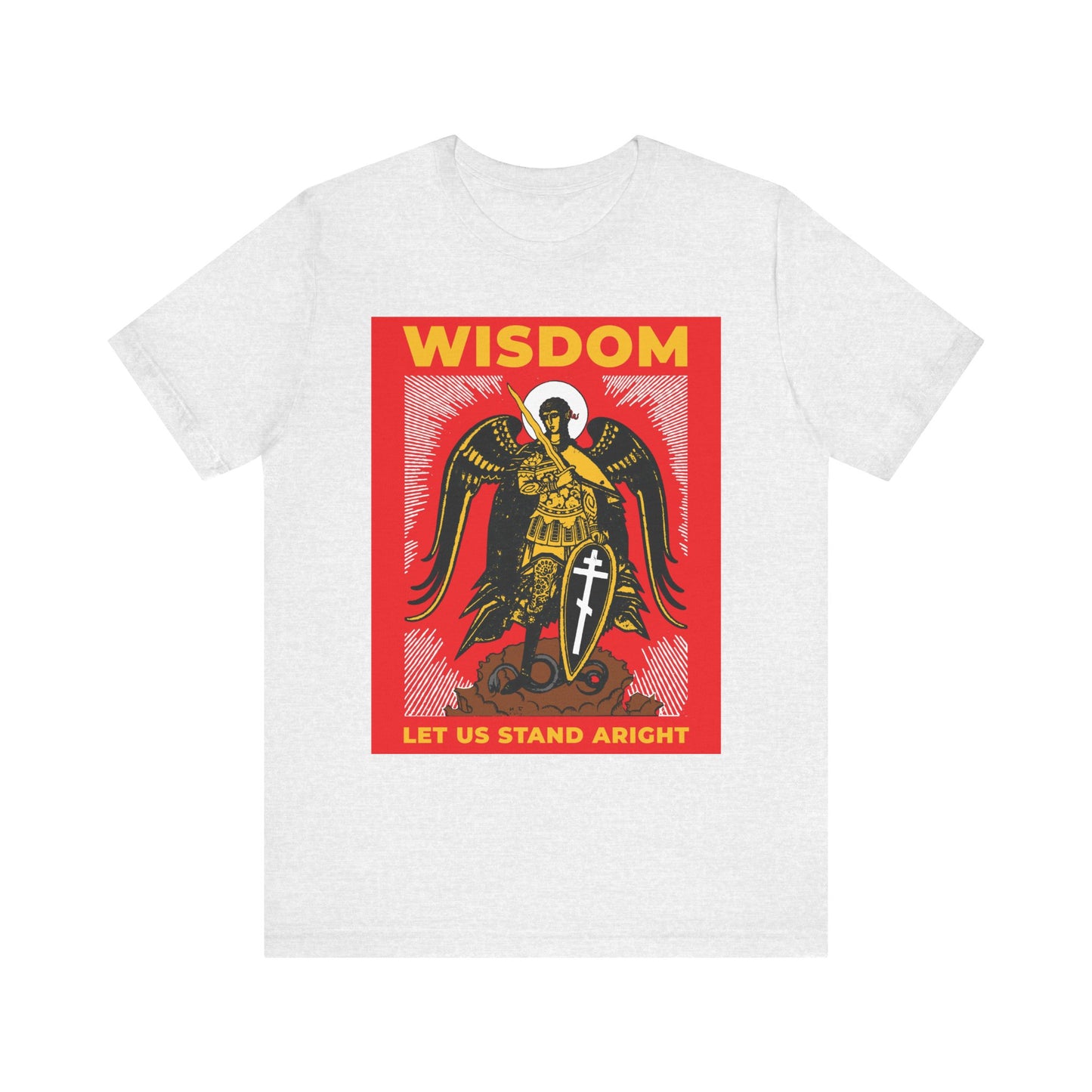 Ash-colored unisex tee featuring a Russian illustration of Archangel Michael with shield and sword, plus “Wisdom: Let Us Stand Aright”—a tribute to the war in heaven from Revelation 12. Lightweight Orthodox cotton.