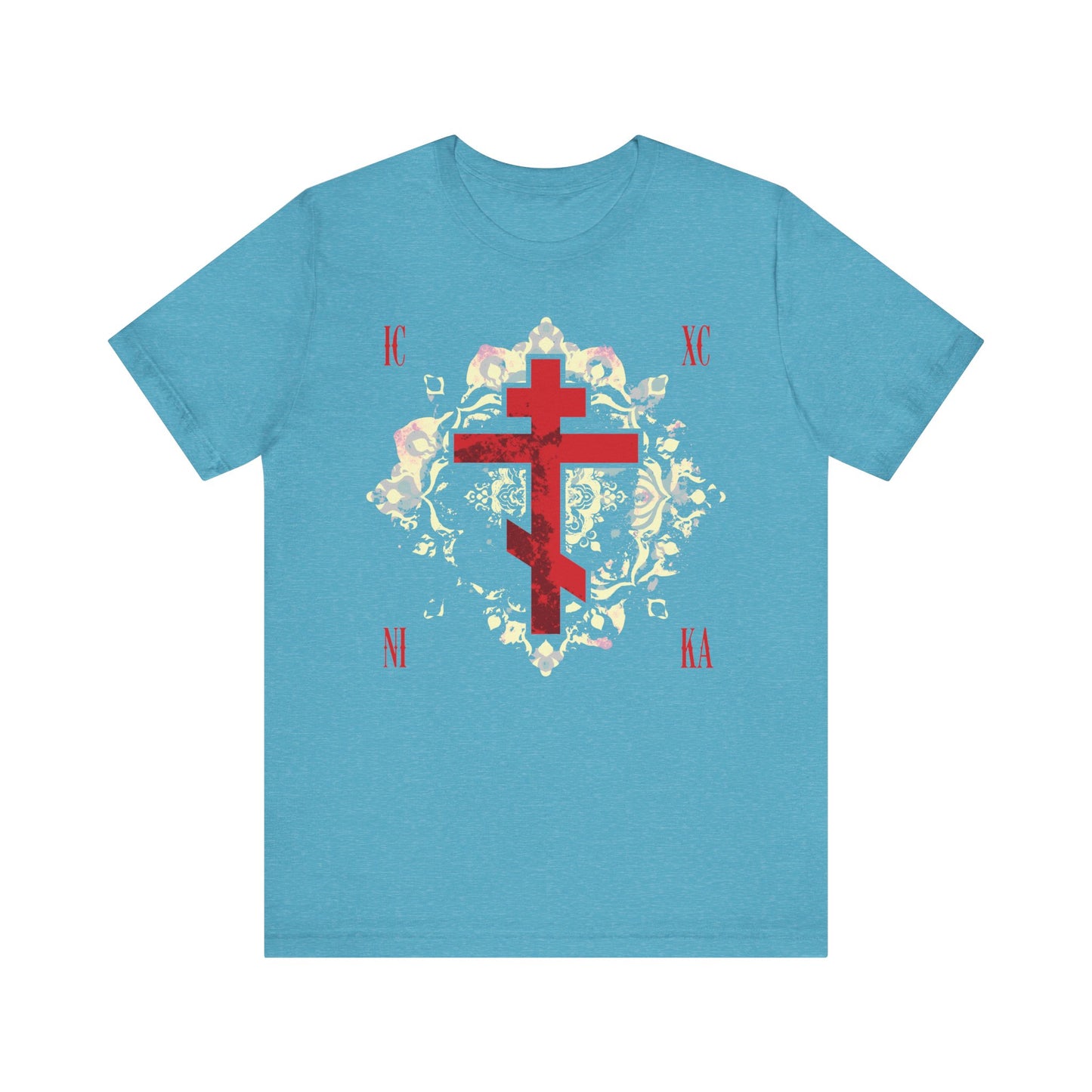 Heather Aqua lightweight unisex tee featuring a textured red Orthodox cross, medieval floral background, and IC XC NI KA letters—design inspired by spiritual warfare and St. John of Kronstadt’s teachings.