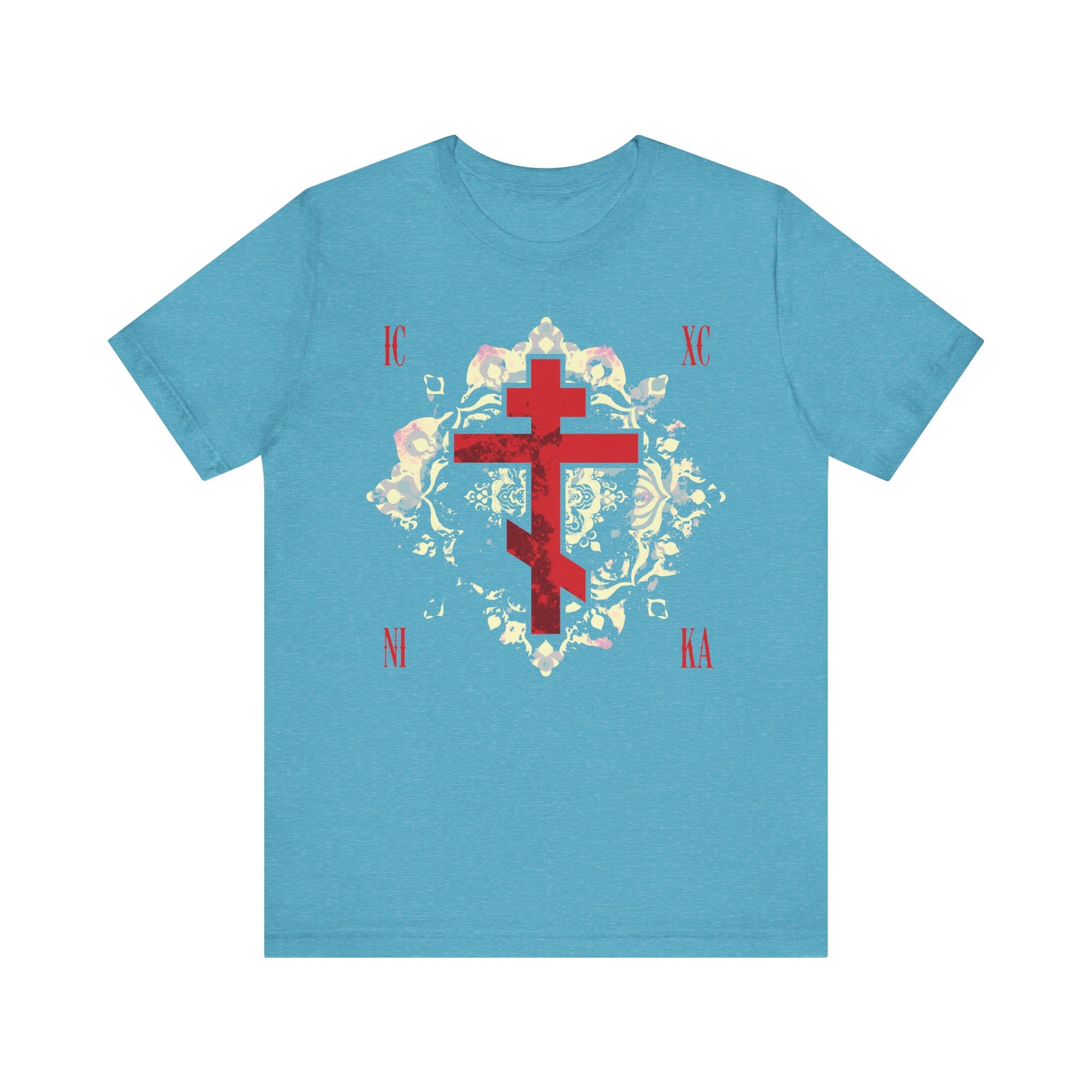 Heather Aqua lightweight unisex tee featuring a textured red Orthodox cross, medieval floral background, and IC XC NI KA letters—design inspired by spiritual warfare and St. John of Kronstadt’s teachings.