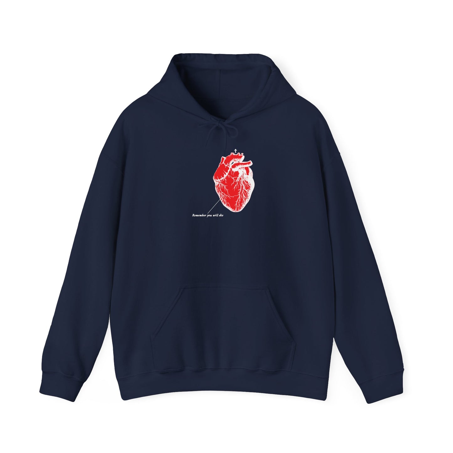 The navy Remember You Will Die hoodie features a red anatomical heart and anatomy of us and me text. Designed in an athletic streetwear style for comfort and durability, this piece is reminiscent of the classic Gildan 18500.