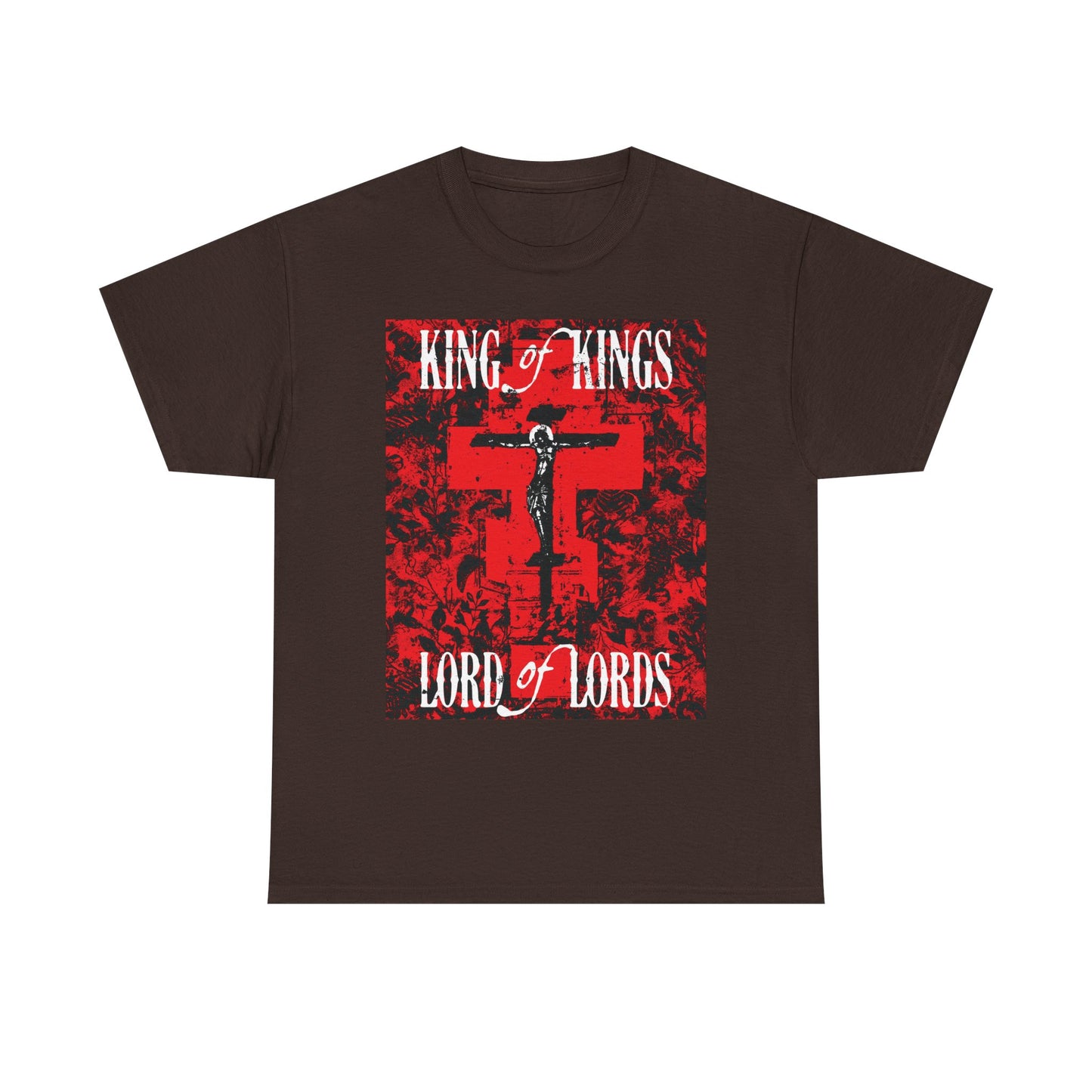 King of Kings, Lord of Lords | Christ Crucified Icono-Graphic | Red Cross Nature Texture w/ White Text | Midweight Cotton Unisex Tee