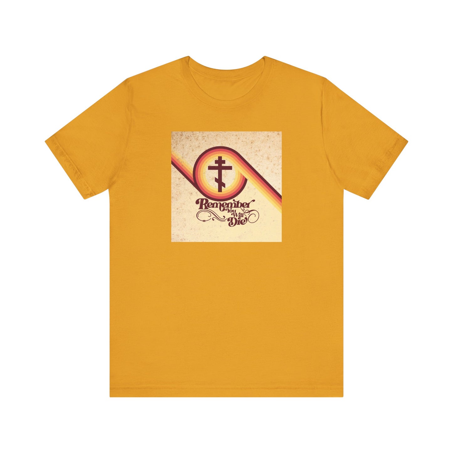 Mustard-colored "Remember You Will Die 70s Aesthetic" lightweight cotton unisex tee featuring a vintage-style cross graphic and memento mori theme inspired by the Orthodox Christian tradition, referencing Luke 12:16-21.
