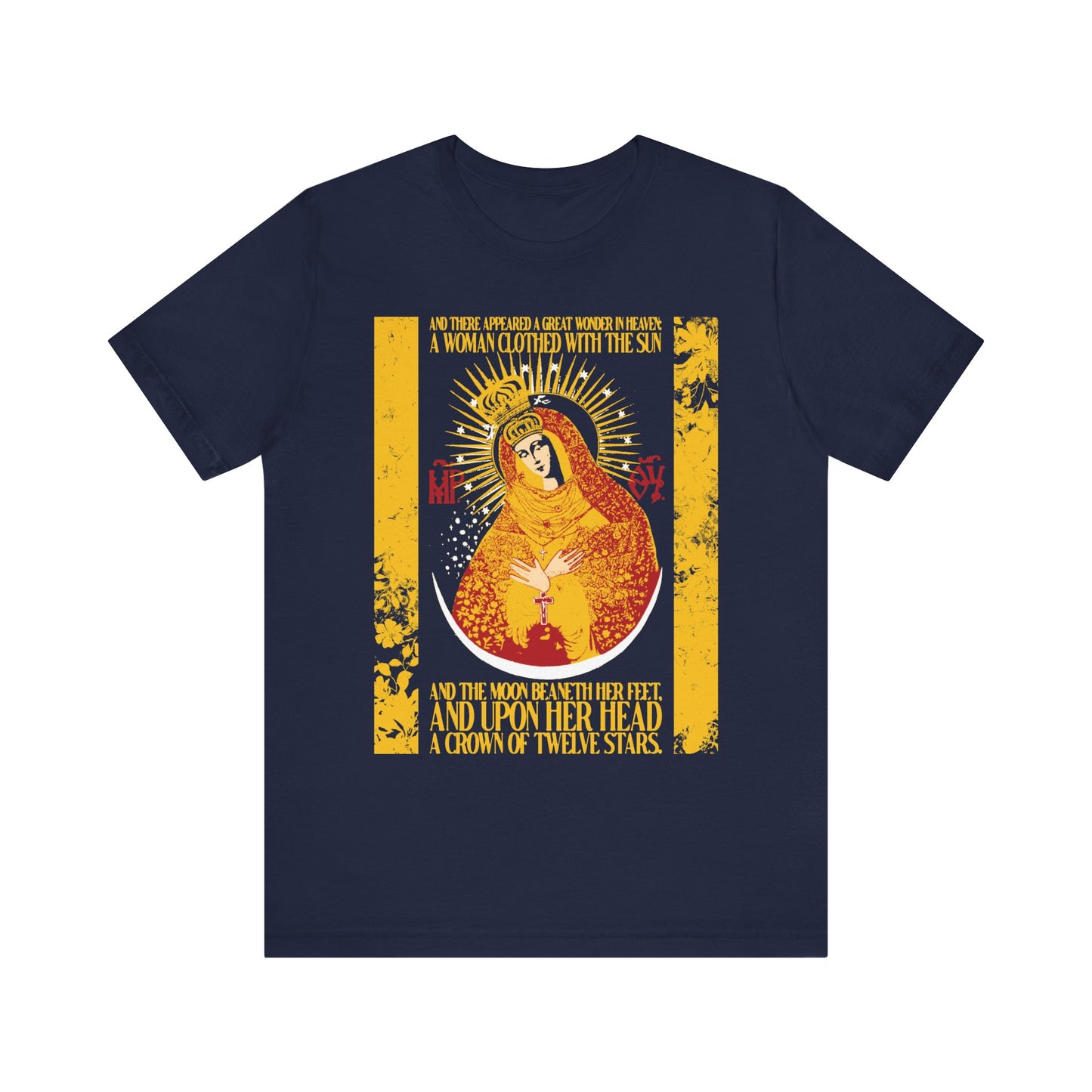 Navy "Our Lady the Gate of Dawn" unisex T-shirt featuring a gold floral Theotokos design with uncreated light, plus a Revelation 12:1 quote in yellow. Lightweight cotton.