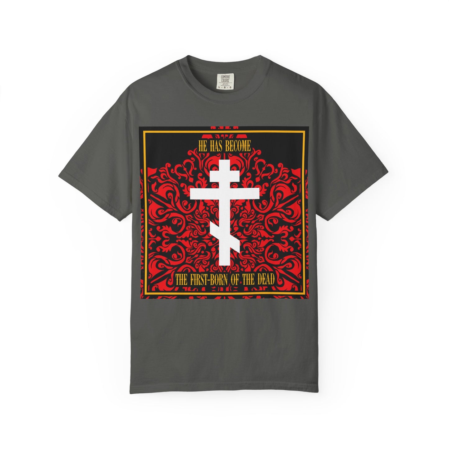 Pepper-colored unisex heavyweight cotton tee featuring a white Orthodox cross on a red floral texture; this Christian t-shirt displays the text: "He has become the first-born of the dead.