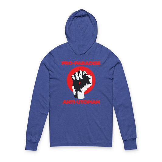 Heather True Royal hoodie featuring the Pro-Paradise Anti-Utopian design: a NIKA fist graphic symbolizing Jesus Christ Crucified and resistance to the dominant secular paradigm. Bold statement Christian hooded shirt.