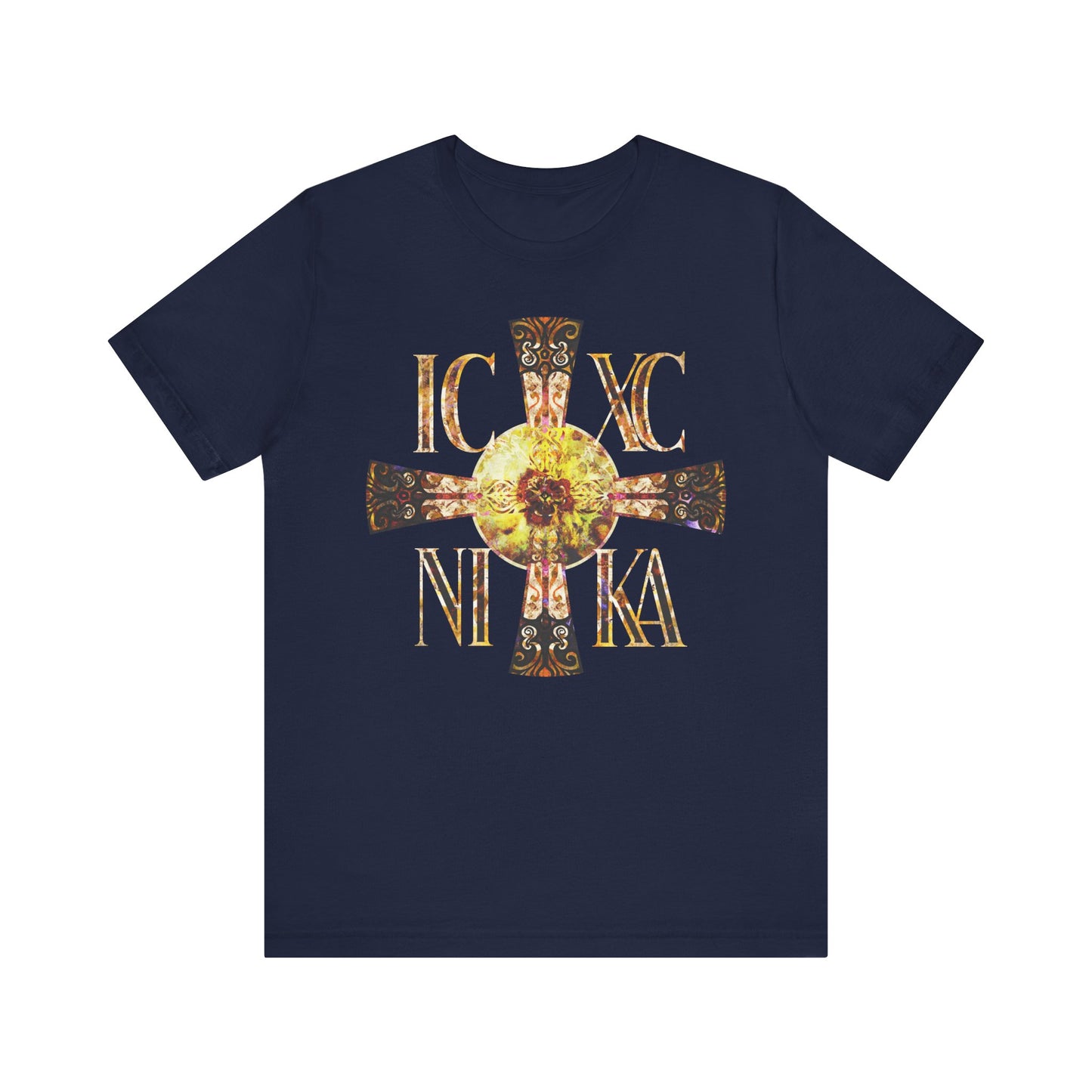 Navy ICXC NIKA Celtic Style Equal Armed Cross tee features a gold cross with Greek letters and bright solar texture, inspired by the never-setting Sun. Orthodox unisex lightweight cotton shirt.