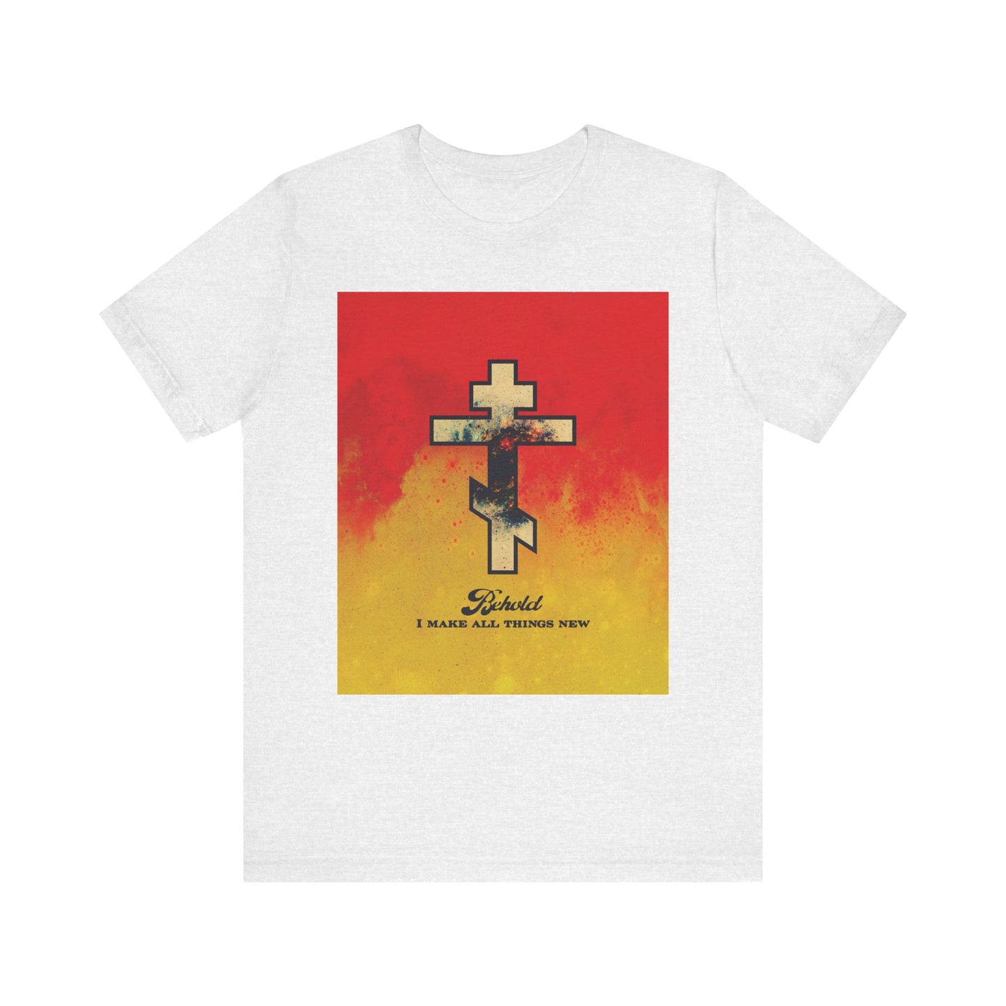 Ash unisex tee featuring a cosmic Orthodox cross on a red and yellow background, with "Behold, I Make All Things New (Rev 21:5)"—inspired by Bible verses about renewal. Lightweight cotton and perfect for everyday wear.