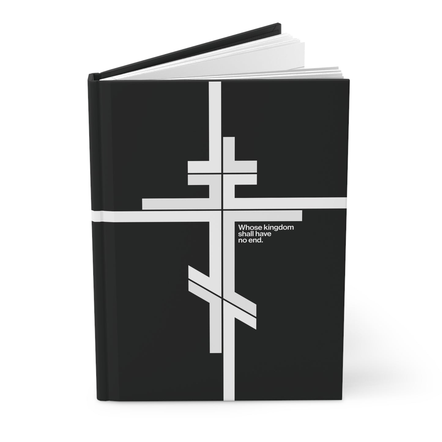The "Whose Kingdom Shall Have No End" hardcover journal features a modernist minimalist Orthodox cross logo and Luke 1:32-33, offering a timeless tribute to Christ’s kingdom on earth and in the hearts of the faithful.