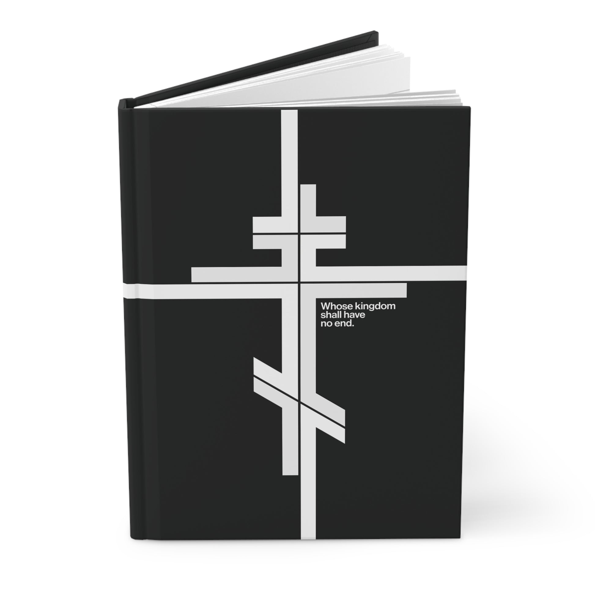 The "Whose Kingdom Shall Have No End" hardcover journal features a modernist minimalist Orthodox cross logo and Luke 1:32-33, offering a timeless tribute to Christ’s kingdom on earth and in the hearts of the faithful.