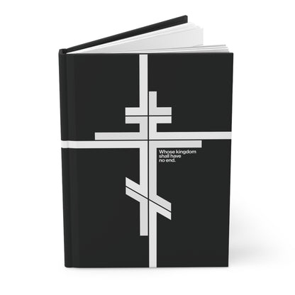 The "Whose Kingdom Shall Have No End" hardcover journal features a modernist minimalist Orthodox cross logo and Luke 1:32-33, offering a timeless tribute to Christ’s kingdom on earth and in the hearts of the faithful.