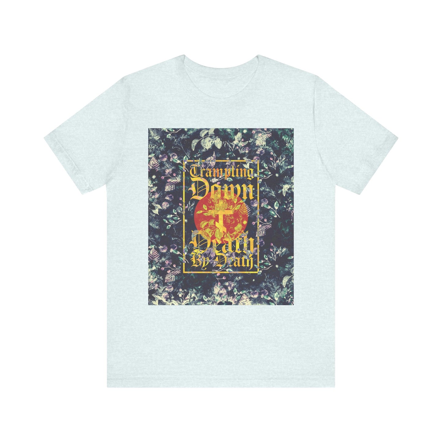 Heather Ice Blue lightweight cotton unisex tee featuring a Paschal floral design and yellow gothic script reading "Trampling Down Death By Death" alongside a three-bar cross—a bold Orthodox tribute to Jesus Conqueror.