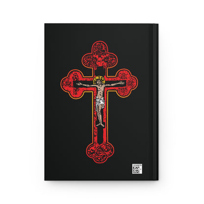 A black hardcover journal featuring a red Orthodox Byzantine Golgotha Crucifix with Alpha & Omega and the message "I Am Crucified With Christ," inspired by Galatians 2:20—perfect for daily faith reflection.
