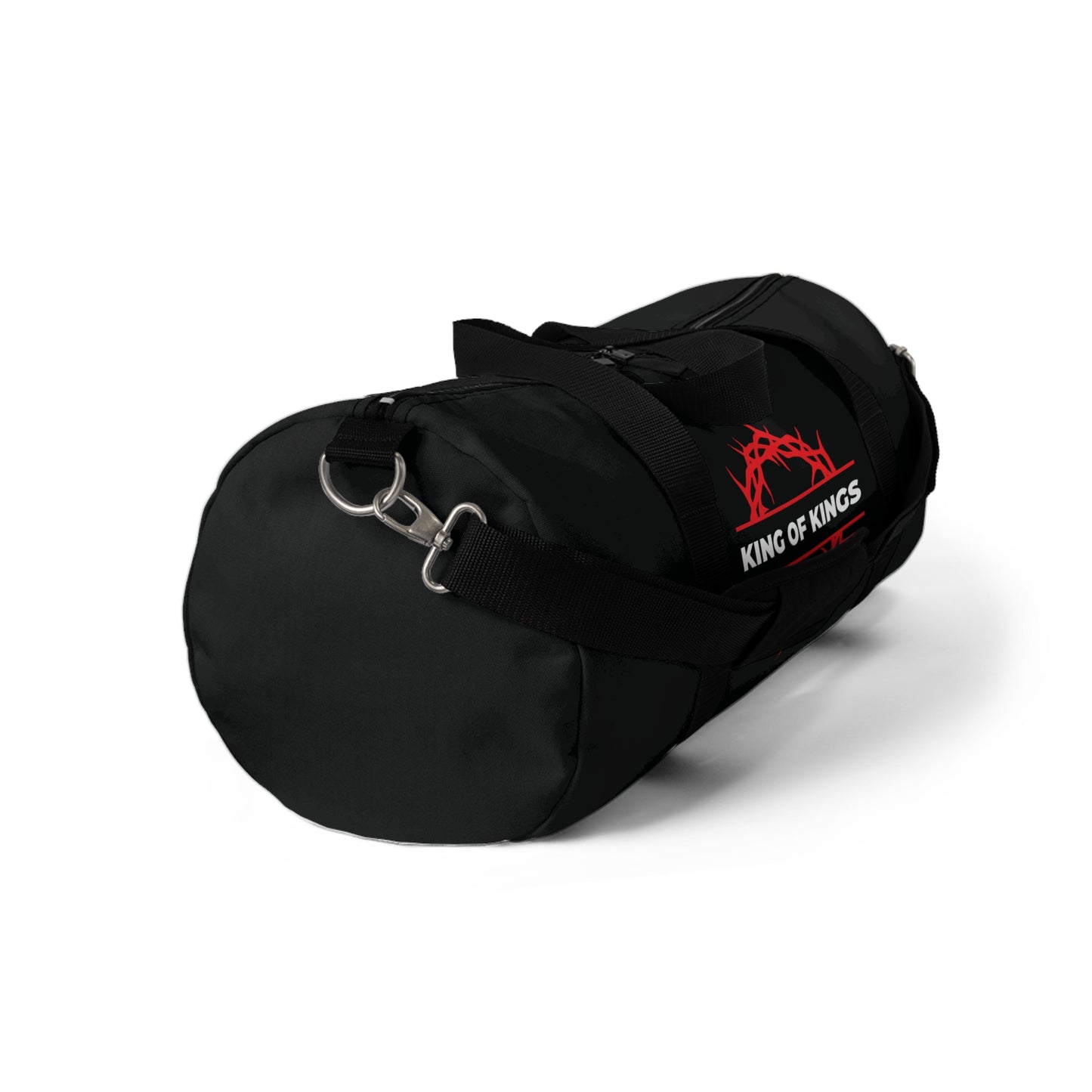 Bold Christian gym duffel bag—King of Kings Crown of Thorns design with The King of Glory, Christ is King text, and Revelation 19:16 inspiration. Features red "King of Kings" logo and crown of thorns graphic.