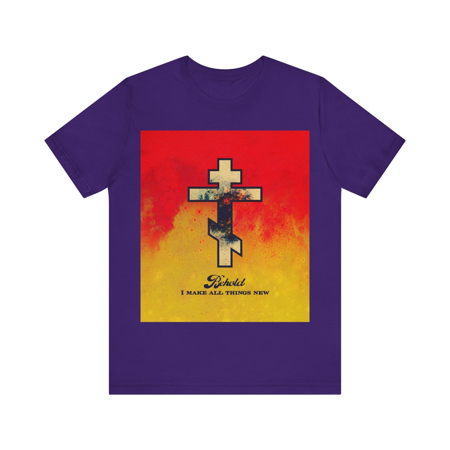 Behold, I Make All Things New (Revelation 21:5) | Cosmic Orthodox Cross on Red and Yellow Background | Orthodox Christian Cotton T-Shirt