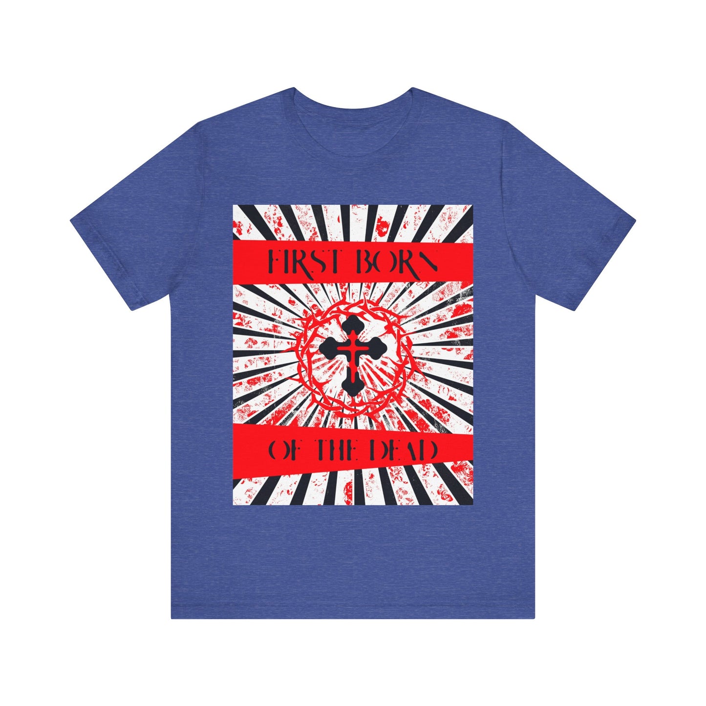 First Born of the Dead | Orthodox Cross and Crown of Thorns | Red White and Black Textured Design with Rays | Orthodox Christian Cotton T-Shirt
