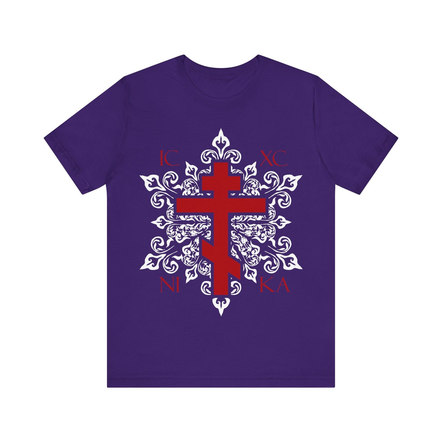 ICXC / NIKA Red Orthodox Cross on Ornate White Medieval Floral Design | Best-Selling Orthodox Christian Cotton Unisex Tee