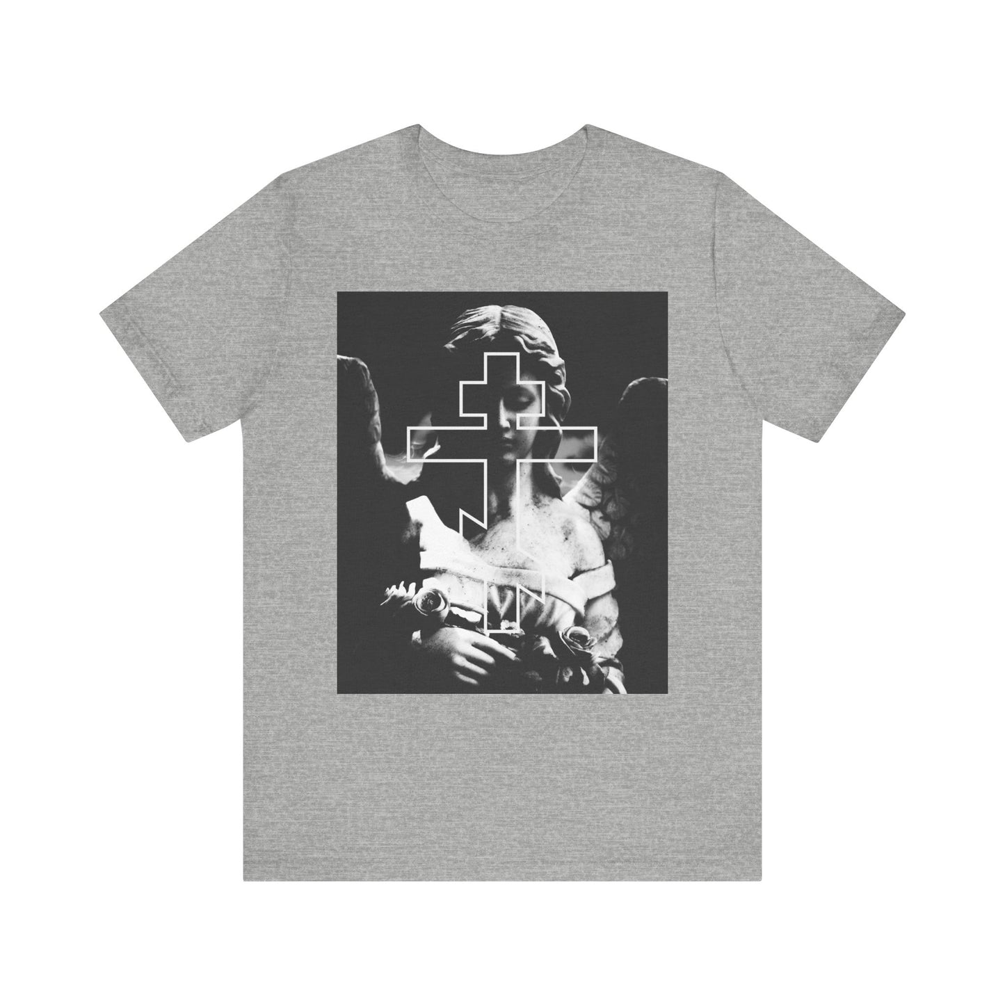 Athletic Heather tee featuring a grayscale Cemetery Angel graphic with an Orthodox Cross overlay on the front. Lightweight cotton, unisex fit, goth aesthetic. "Remember You Will Die" Memento Mori design.