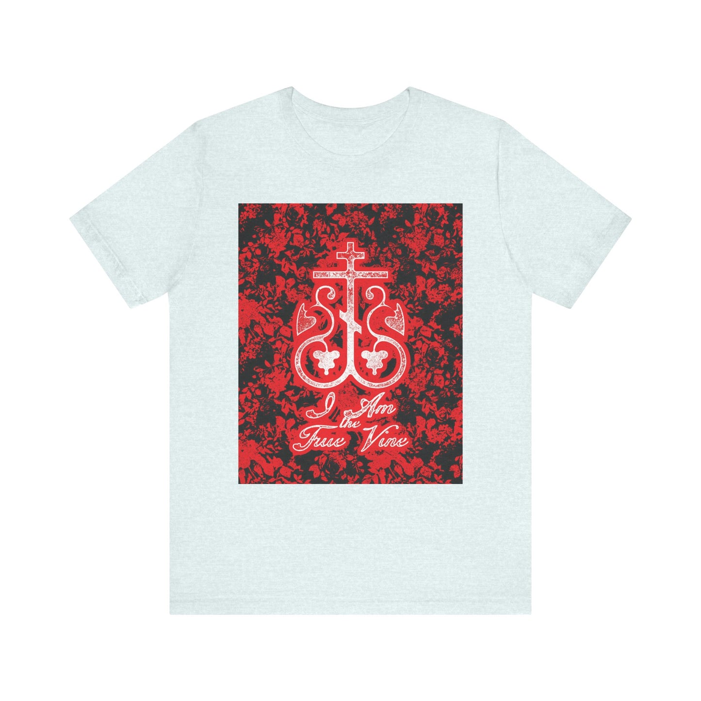 Heather Ice Blue unisex tee featuring a red and black Orthodox cross vine monogram with “I Am the True Vine” (John 15:1) in a floral design. Lightweight cotton for comfort and faith-inspired style.