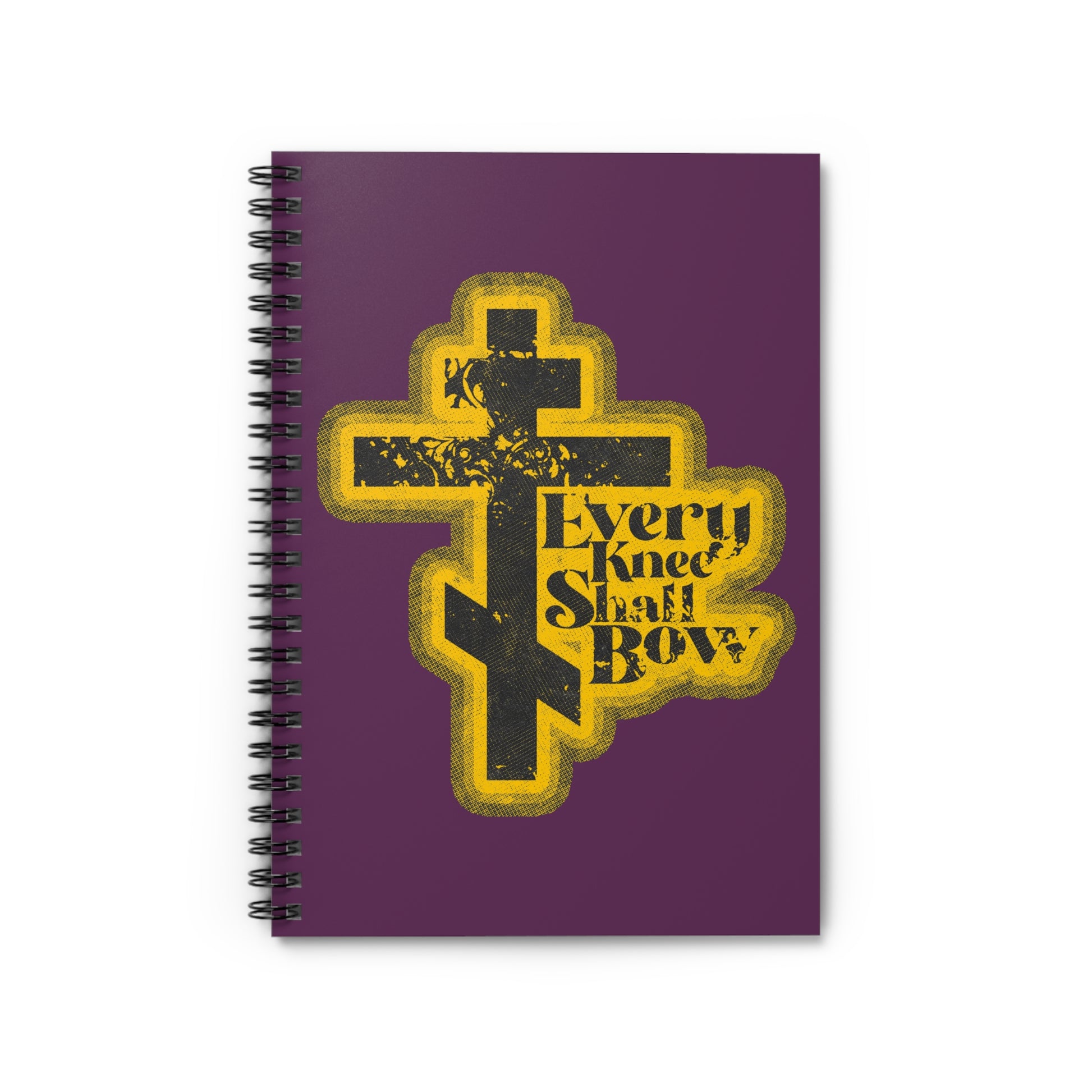 Purple spiral notebook with a 70s distressed halftone comic book design, featuring "Every Knee Shall Bow" and inspired by Philippians 2:10-11 & Isaiah 45:23. Orthodox Christian-themed.