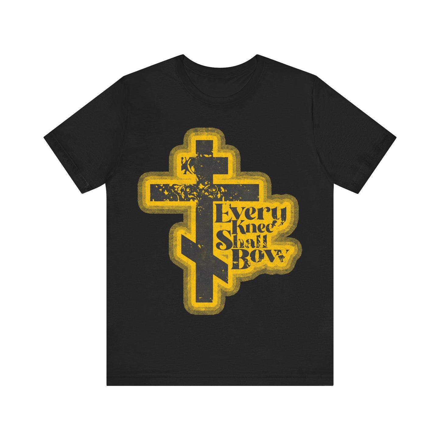 Black "Every Knee Shall Bow" T-shirt featuring 70s distressed halftone comic book style art, inspired by Philippians 2:10-11 and Isaiah 45:23. Orthodox Christian apparel. Color: Black.