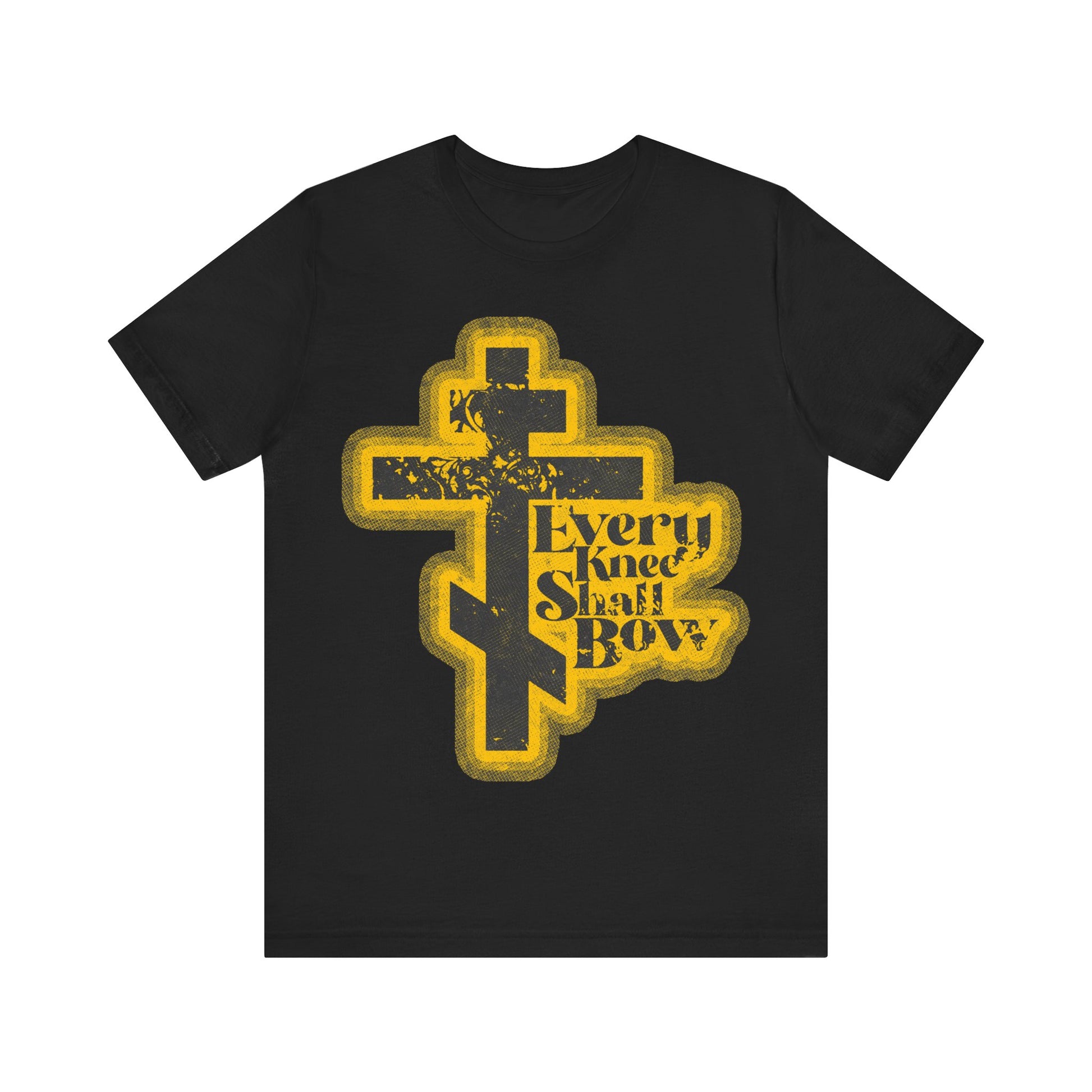 Black "Every Knee Shall Bow" T-shirt featuring 70s distressed halftone comic book style art, inspired by Philippians 2:10-11 and Isaiah 45:23. Orthodox Christian apparel. Color: Black.