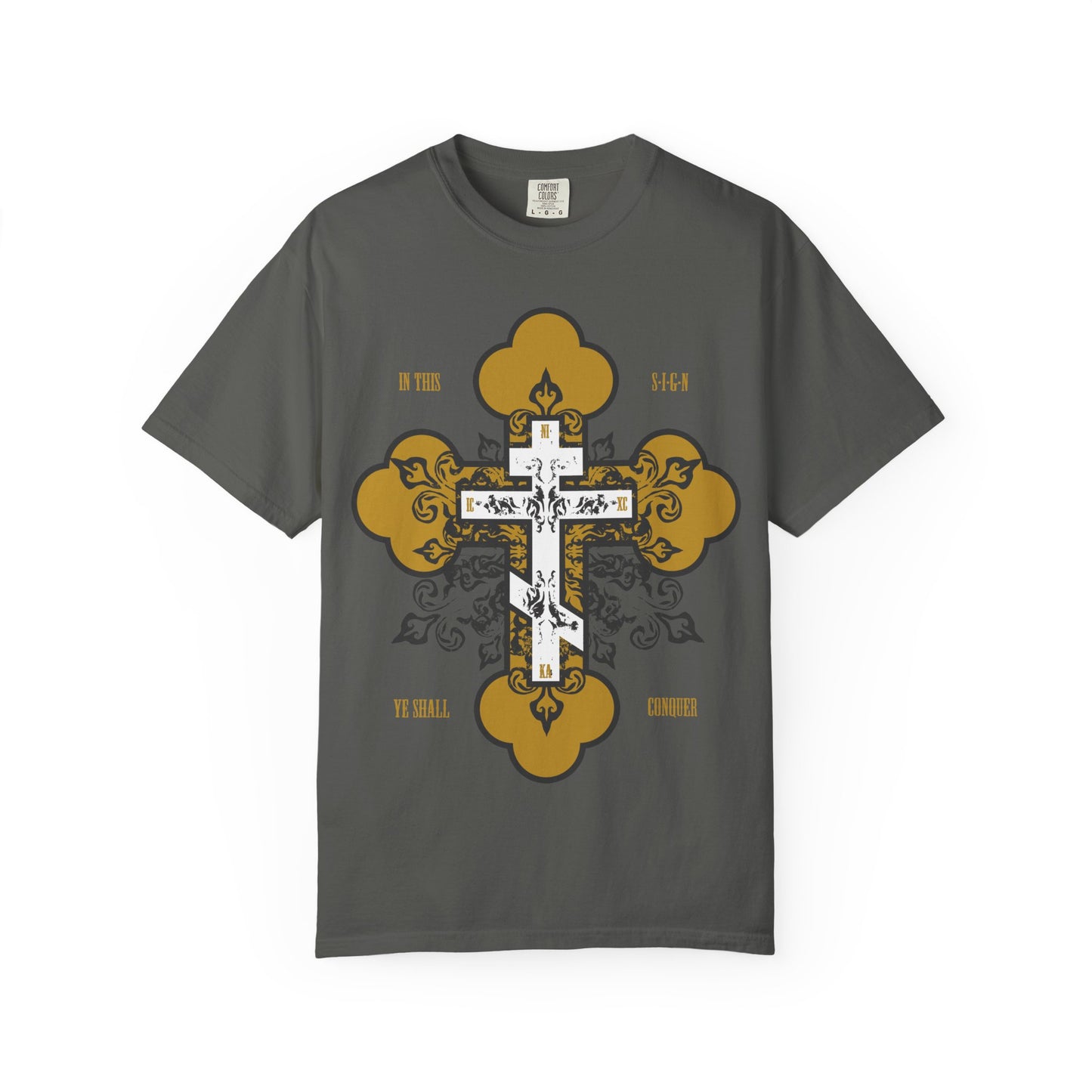 Pepper-colored unisex heavyweight cotton tee featuring an ornate white Orthodox cross with a gold pattern and the text “In this sign ye shall conquer.” This “In Hoc Signo Vinces” shirt blends style and inspiration, making it ideal for anyone seeking meaningful Christian apparel.