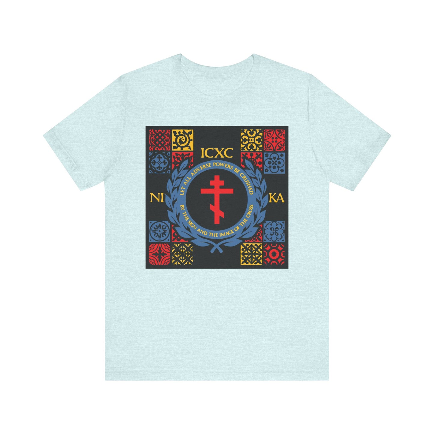 Heather Prism Ice Blue t-shirt featuring a medieval tile design with red, yellow, and blue accents, ICXC NIKA Greek letters, and "Let All Adverse Powers Be Crushed" motif inspired by Byzantine art. Lightweight unisex cotton.