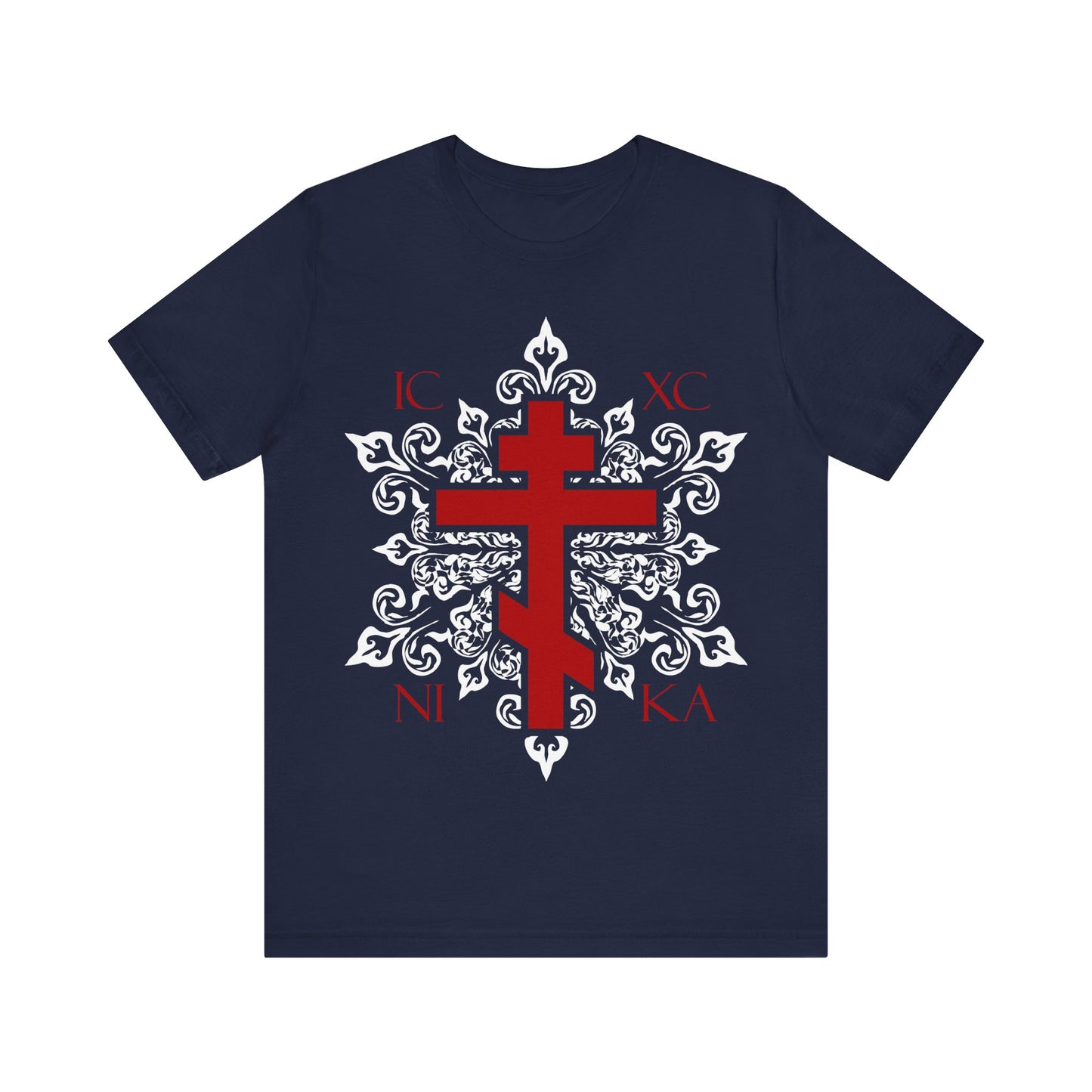 ICXC / NIKA Red Orthodox Cross on Ornate White Medieval Floral Design | Best-Selling Orthodox Christian Cotton Unisex Tee
