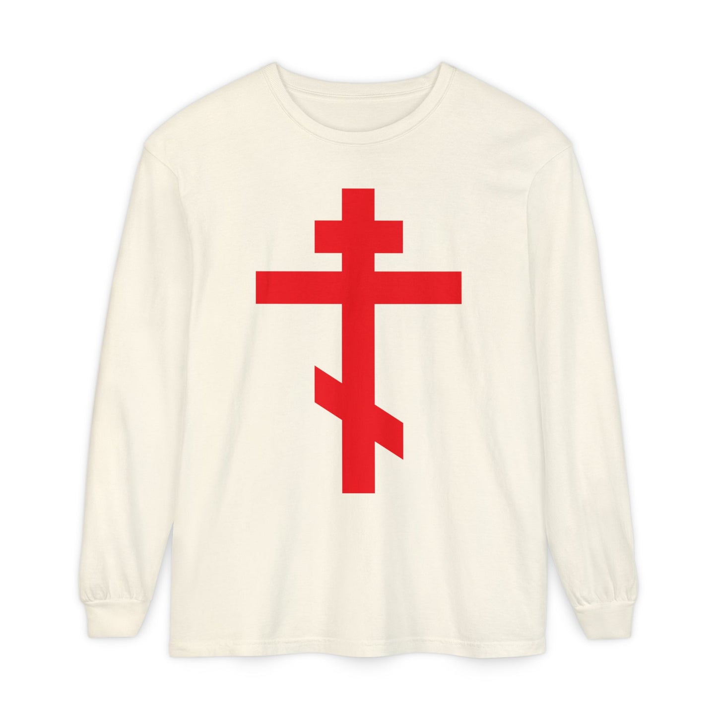 Ivory long-sleeve cotton shirt featuring a bright red Orthodox cross on the front, inspired by the Troparion: “Preserve Thy People By Thy Cross, O Lord.” Product name: Crucified With Christ | Christ is King.