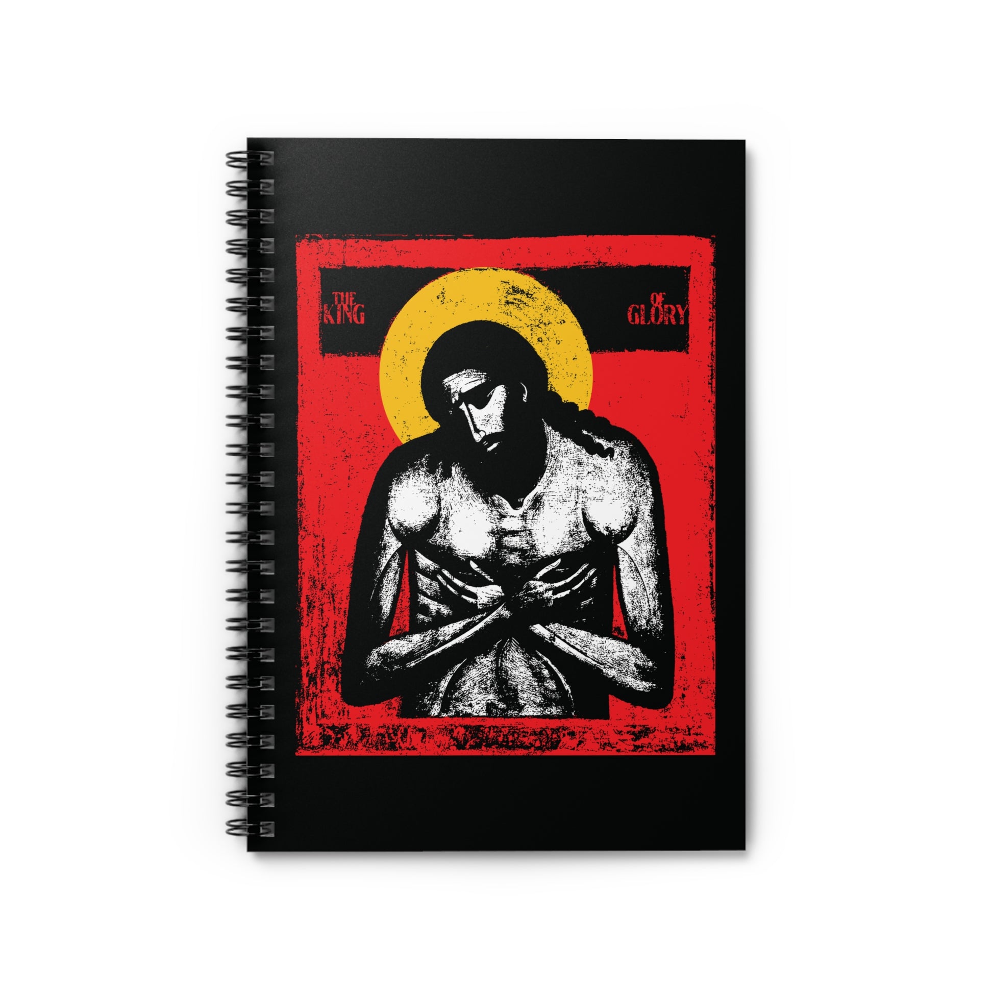 The King of Glory Jesus Christ "Extreme Humility" IconoGraphic spiral notebook features a somber Christ with yellow halo, red background, and devotional text—reflecting the humility described in Philippians 2:7-11.