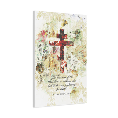 Preparing For Death | White & Beige Floral Scrapbook Texture Cross | Arts & Crafts Style | St Irenaeus | Orthodox Christian Canvas Art