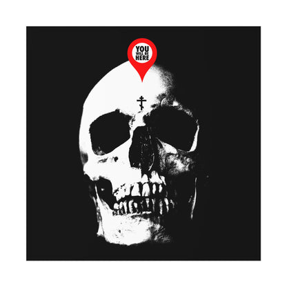 The "You Will Be Here Maps Marker on Skull" Orthodox Christian art poster features a skull with a cross and a location marker, highlighting Memento Mori—remembering you will die and the fate we all share.