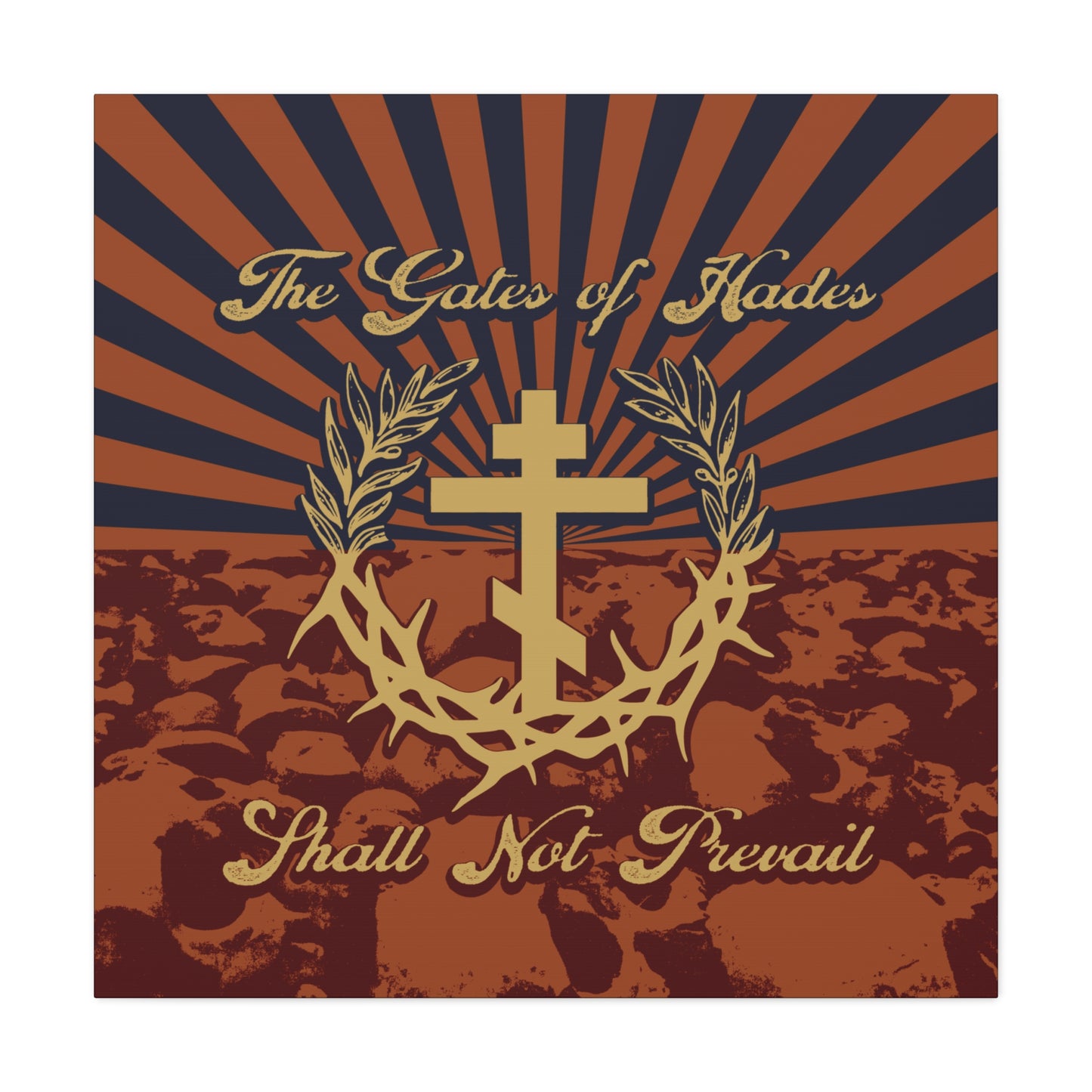 The Gates of Hades Shall Not Prevail | Cross with Wreath & Crown of Thorns | Skulls and Rays | Orthodox Christian Canvas Art