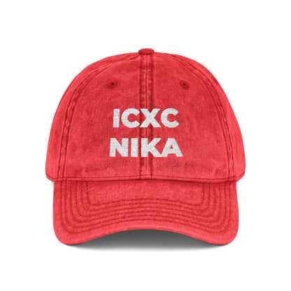 White ICXC NIKA Text Christogram | Orthodox Christian Symbol Meaning "Jesus Christ Conquers" | Christ is King | Denim Embroidered Cap