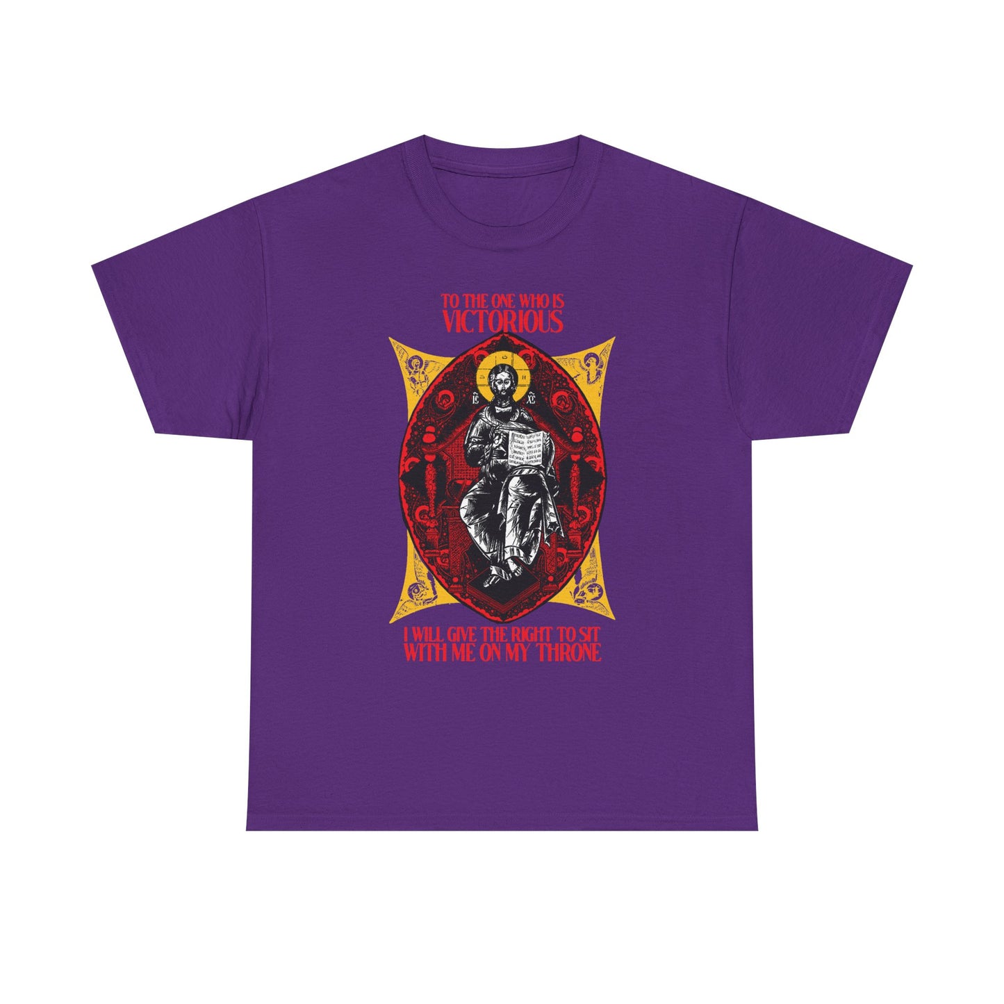 Purple "Christ is King, Enthroned In Glory" tee features ornate red and yellow graphic and "To the One Who Is Victorious" (Rev 3:21)—a bold Orthodox Christian reminder of your heavenly call. Unisex midweight cotton.
