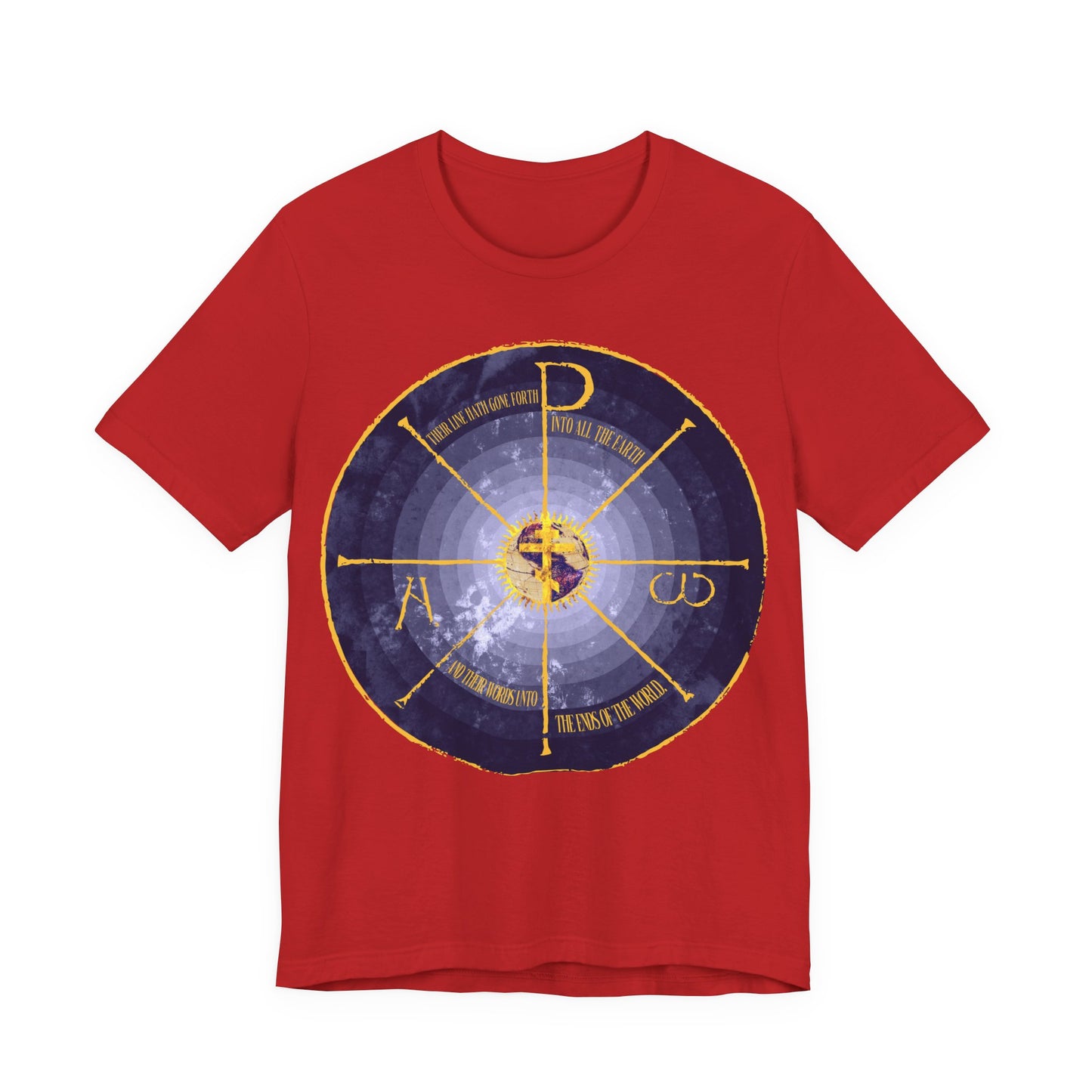 Geocentric Cross & Chi Rho | Alpha & Omega | Blue and Yellow Design | Medieval Style Graphic | Orthodox Christian Cotton T-Shirt