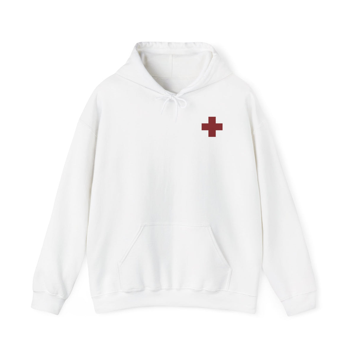 Stay mindful every day in this white “St George Slaying the Dragon” double-sided unisex hoodie, featuring a red cross on the front left breast—a symbol of ascetic Orthodox Christianity and the call to overcome passions. Includes a front pocket and drawstring hood for comfort and style.