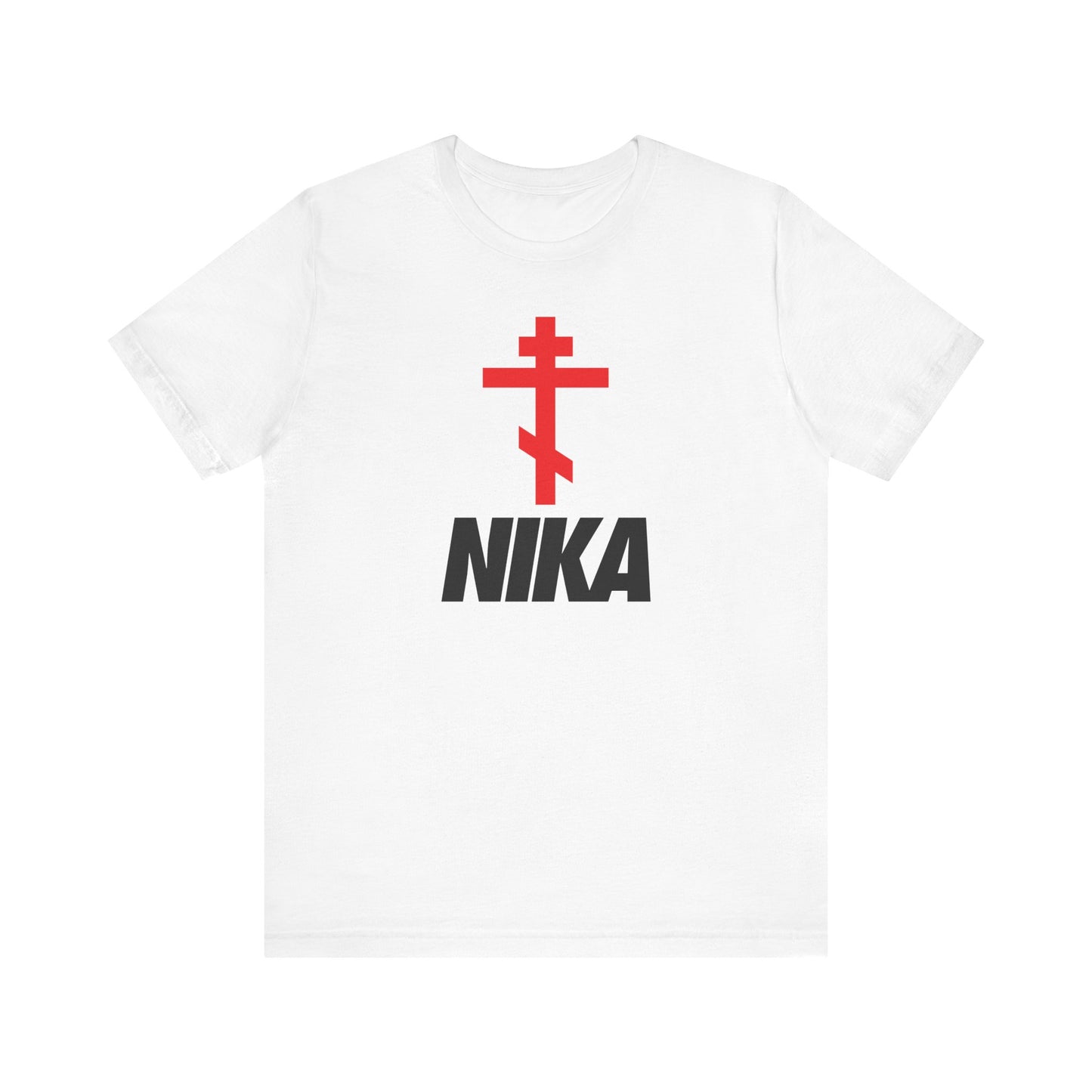White unisex cotton tee featuring a red Orthodox cross and Christogram above bold black NIKA text, inspired by the NIKE logo mashup; minimalist Christian athletic ascetic design.
