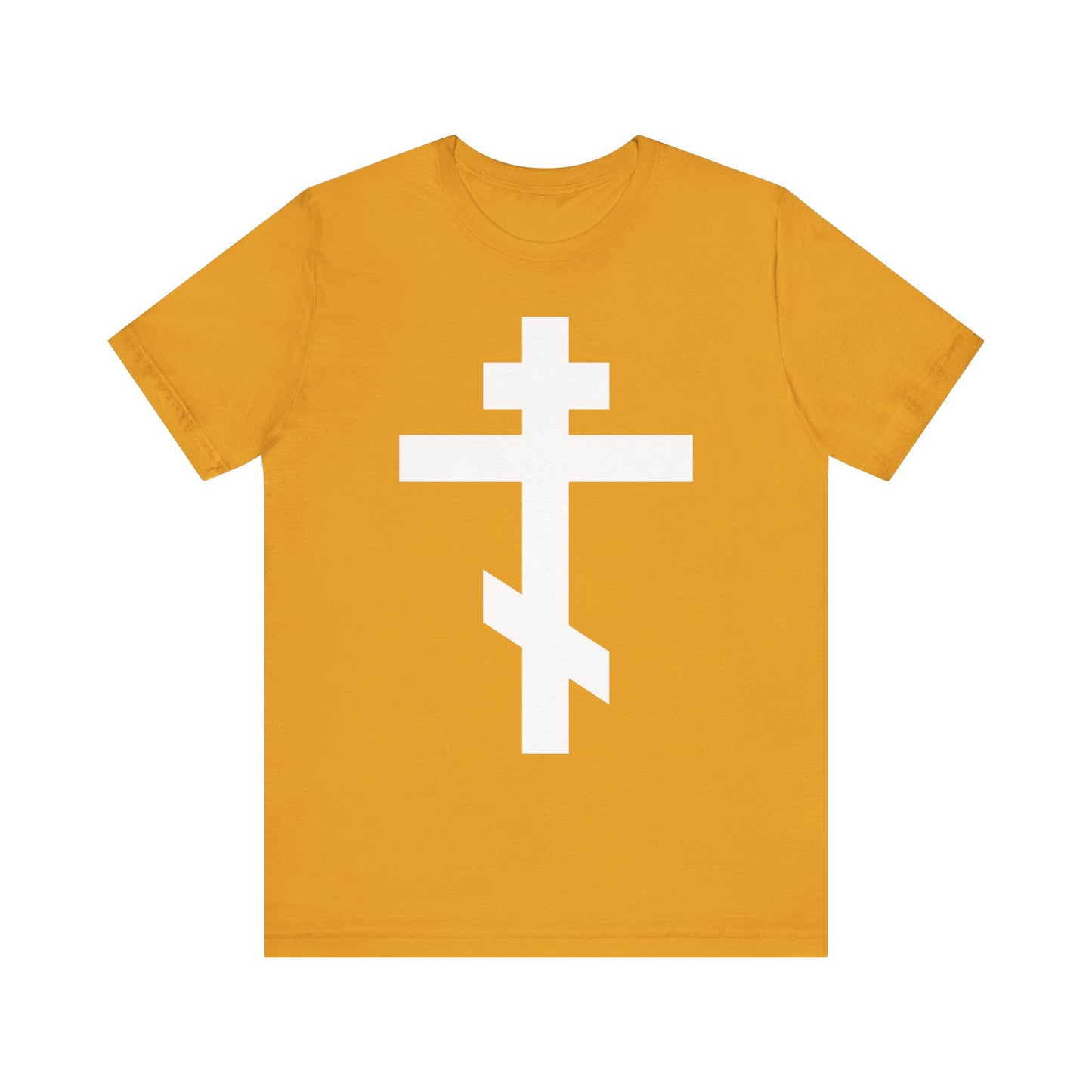 Mustard lightweight cotton unisex tee featuring a large white Orthodox cross on the front and the inscription "By the power of Thy Cross do Thou preserve Thy people," inspired by the enduring faith of St. John of Kronstadt.