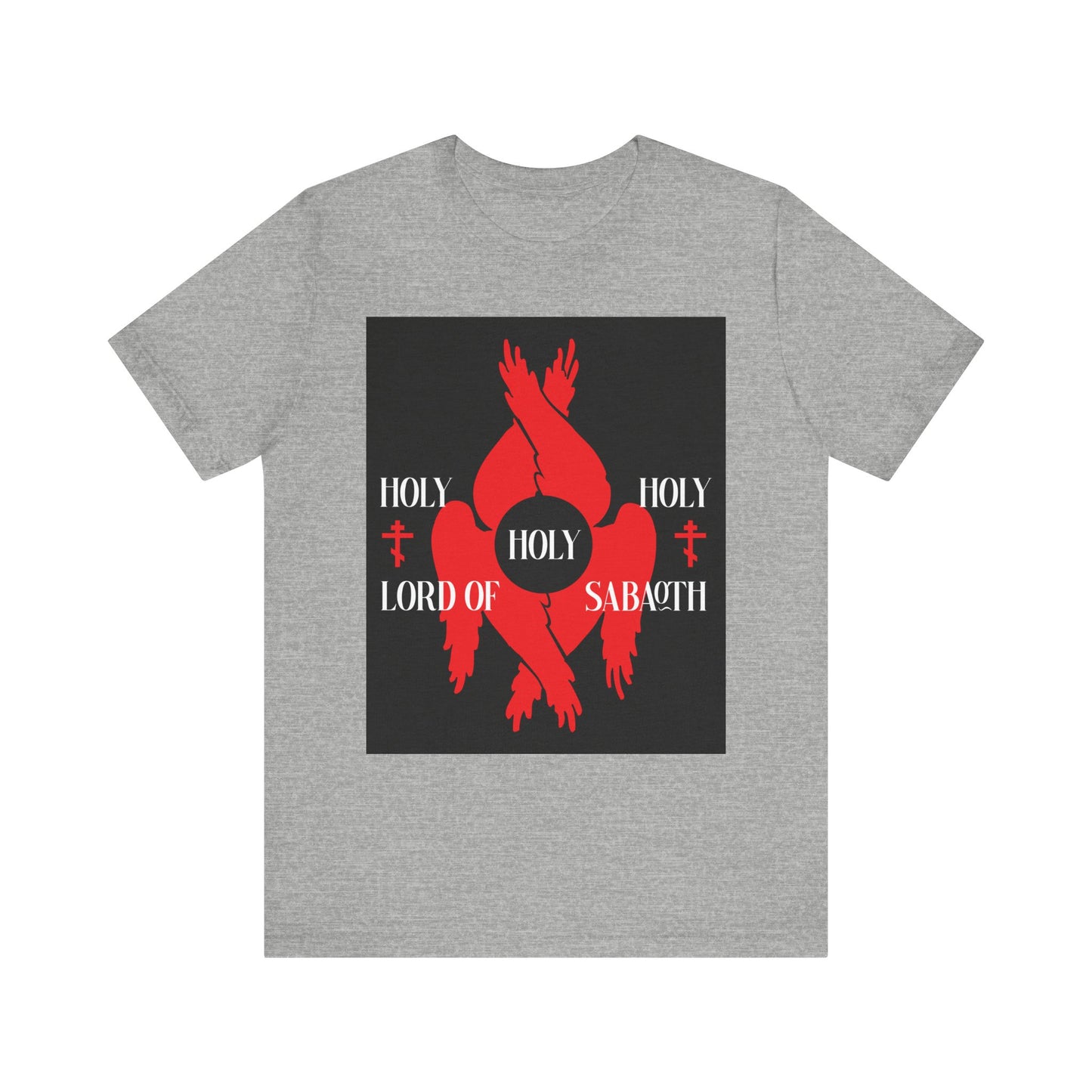 Athletic Heather T-shirt featuring red abstract seraphim wings, Orthodox crosses, “Holy Holy Holy Lord of Sabaoth” in white, inspired by Isaiah 6:3. Lightweight cotton unisex fit.