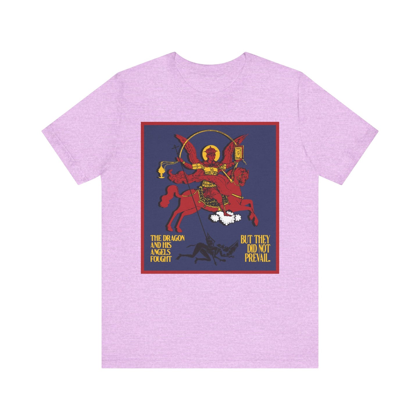 The Heather Prism Lilac Archangel Michael Defeating Satan the Dragon (Rev 12:7-8) tee features Michael atop a red horse slaying the dragon, with "The dragon and his angels fought, but they did not prevail." Orthodox Christian design.