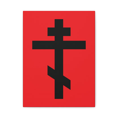 Black Orthodox Cross Red Background | "May I never boast, except in the cross of our Lord Jesus Christ" (Gal 6:14) – Canvas art blending Orthodox tradition with a bold red backdrop, inspired by faith and heritage.