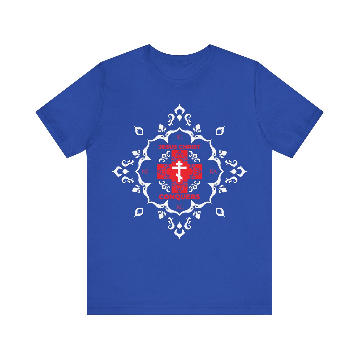 True Royal cotton t-shirt featuring a white Orthodox cross and red modern ICXC NIKA font, symbolizing "Jesus Christ Conquers," with a medieval filigree design inspired by St John Chrysostom’s victory over sin.