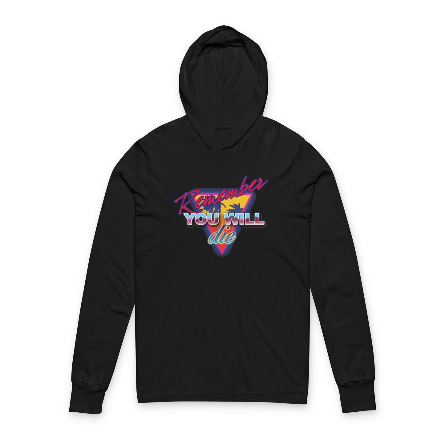 Black "Remember You Will Die Palm Tree 80s Retro Synthwave Style" cotton hoodie, inspired by Memento Mori and Orthodox tradition, featuring bold nostalgic graphics and St. John Climacus's Ladder of Divine Ascent.