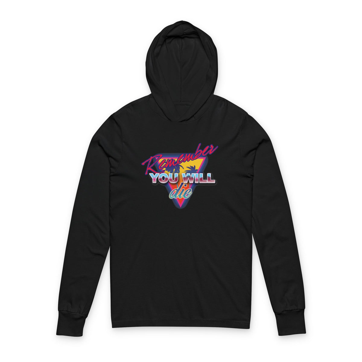 Black "Remember You Will Die Palm Tree 80s Retro Synthwave Style" cotton hoodie, inspired by Memento Mori and Orthodox tradition, featuring bold nostalgic graphics and St. John Climacus's Ladder of Divine Ascent.