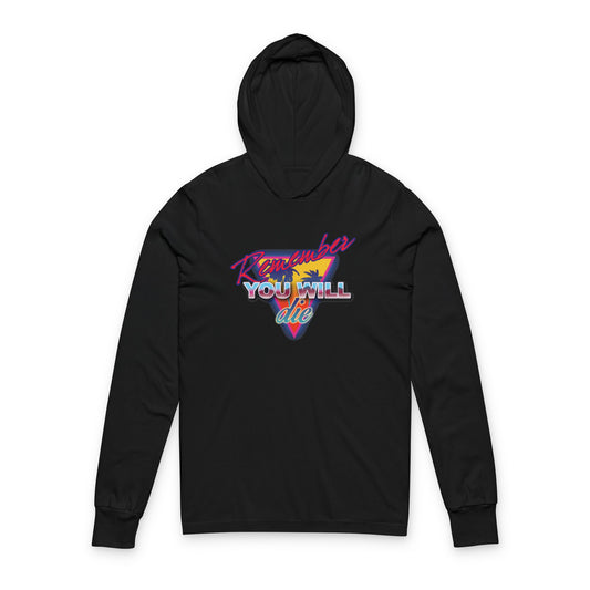 Black "Remember You Will Die Palm Tree 80s Retro Synthwave Style" cotton hoodie, inspired by Memento Mori and Orthodox tradition, featuring bold nostalgic graphics and St. John Climacus's Ladder of Divine Ascent.