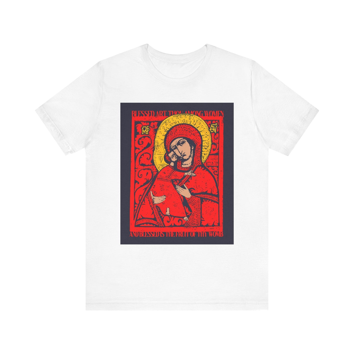 White "Vladimir Theotokos IconoGraphic | Blessed Art Thou Among Women" Orthodox Christian lightweight cotton unisex T-shirt featuring a red and yellow stylized illustration of the Vladimirskaya icon, depicting the Theotokos and Virgin, printed on the front.
