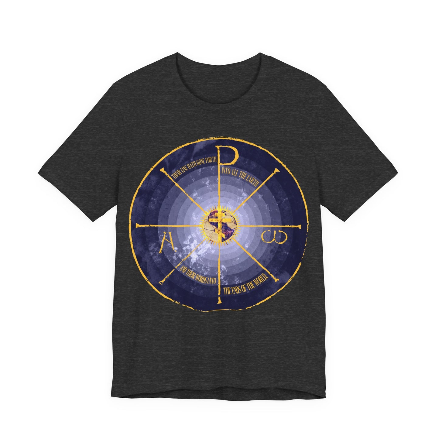 Geocentric Cross & Chi Rho | Alpha & Omega | Blue and Yellow Design | Medieval Style Graphic | Orthodox Christian Cotton T-Shirt